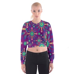 Purple And Green Floral Geometric Pattern Cropped Sweatshirt by LovelyDesigns4U