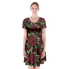 A Red Rose Tiling Pattern Short Sleeve V-neck Flare Dress by Nexatart