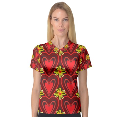 Digitally Created Seamless Love Heart Pattern Women s V-neck Sport Mesh Tee by Nexatart