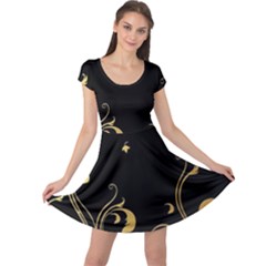 Golden Flowers And Leaves On A Black Background Cap Sleeve Dresses by Nexatart