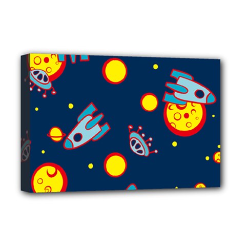Rocket Ufo Moon Star Space Planet Blue Circle Deluxe Canvas 18  X 12   by Mariart