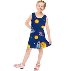 Rocket Ufo Moon Star Space Planet Blue Circle Kids  Tunic Dress by Mariart