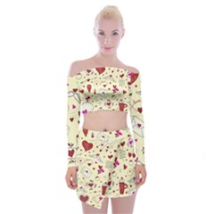 Valentinstag Love Hearts Pattern Red Yellow Off Shoulder Top With Skirt Set by EDDArt