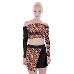 Background Color Solid Black Off Shoulder Top With Skirt Set by EDDArt