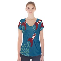 Rocket Ship Space Blue Sky Red White Fly Short Sleeve Front Detail Top by Mariart