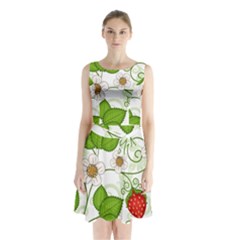 Strawberry Fruit Leaf Flower Floral Star Green Red White Sleeveless Waist Tie Chiffon Dress by Mariart