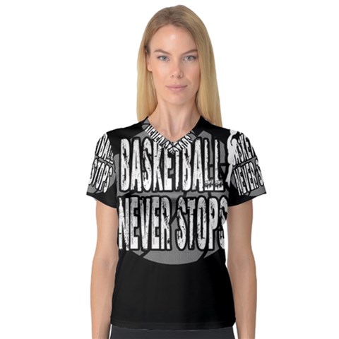 Basketball Never Stops Women s V-neck Sport Mesh Tee by Valentinaart