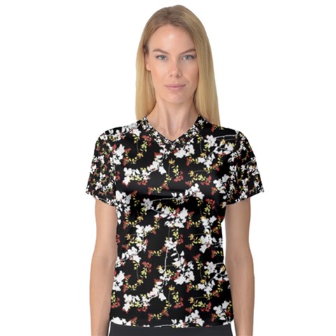 Dark Chinoiserie Floral Collage Pattern Women s V-neck Sport Mesh Tee by dflcprintsclothing