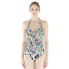 Colorful Retro Style Letters Numbers Stars Halter Swimsuit by EDDArt