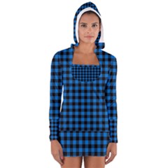 Lumberjack Fabric Pattern Blue Black Women s Long Sleeve Hooded T-shirt by EDDArt