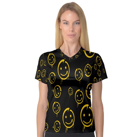 Face Smile Bored Mask Yellow Black Women s V-neck Sport Mesh Tee by Mariart