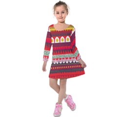 Fabric Aztec Red Line Polka Circle Wave Chevron Star Kids  Long Sleeve Velvet Dress by Mariart