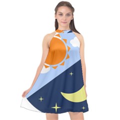 Day Night Moon Stars Cloud Stars Halter Neckline Chiffon Dress  by Mariart