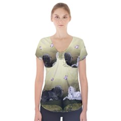 Wonderful Whte Unicorn With Black Horse Short Sleeve Front Detail Top by FantasyWorld7
