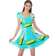 Vintage Unique Graphics Memphis Style Geometric Triangle Line Cube Yellow Green Blue Cap Sleeve Dresses by Mariart