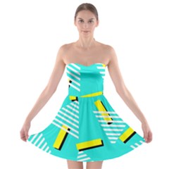 Vintage Unique Graphics Memphis Style Geometric Triangle Line Cube Yellow Green Blue Strapless Bra Top Dress by Mariart