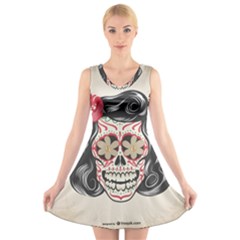 Woman Sugar Skull V-neck Sleeveless Skater Dress by LimeGreenFlamingo