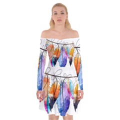 Watercolor Feathers Off Shoulder Skater Dress by LimeGreenFlamingo