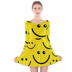 Digitally Created Yellow Happy Smile  Face Wallpaper Long Sleeve Velvet Skater Dress by BangZart