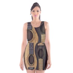 Old And Worn Acoustic Guitars Yin Yang Scoop Neck Skater Dress by JeffBartels