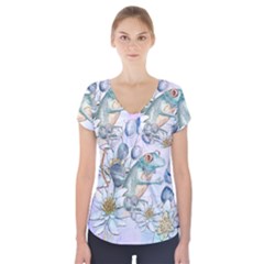 Funny, Cute Frog With Waterlily And Leaves Short Sleeve Front Detail Top by FantasyWorld7