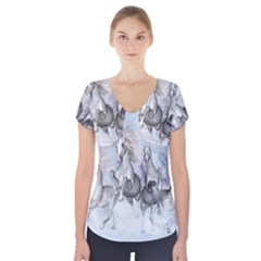 Awesome Running Horses In The Snow Short Sleeve Front Detail Top by FantasyWorld7