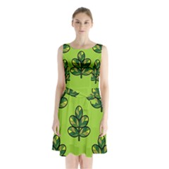 Seamless Background Green Leaves Black Outline Sleeveless Waist Tie Chiffon Dress by Mariart
