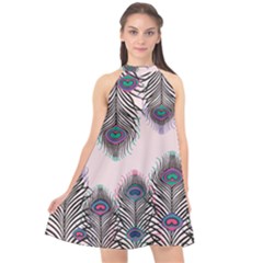 Peacock Feather Pattern Pink Love Heart Halter Neckline Chiffon Dress  by Mariart