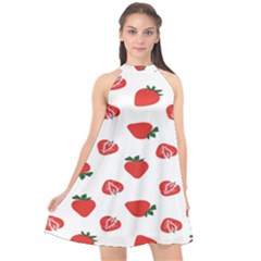 Red Fruit Strawberry Pattern Halter Neckline Chiffon Dress  by Mariart