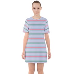 Horizontal Line Green Pink Gray Sixties Short Sleeve Mini Dress by Mariart