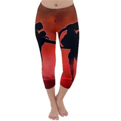 Dancing Couple On Red Background With Flowers And Hearts Capri Winter Leggings  by FantasyWorld7