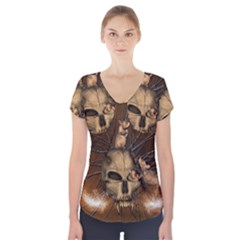 Awesome Skull With Rat On Vintage Background Short Sleeve Front Detail Top by FantasyWorld7