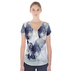 Cute Owl In Watercolor Short Sleeve Front Detail Top by FantasyWorld7