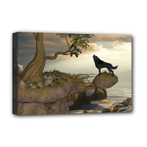 The Lonely Wolf On The Flying Rock Deluxe Canvas 18  X 12   by FantasyWorld7