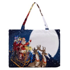 Christmas Reindeer Santa Claus Snow Night Moon Blue Sky Zipper Medium Tote Bag by Alisyart