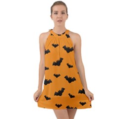 Halloween Bat Animals Night Orange Halter Tie Back Chiffon Dress by Alisyart