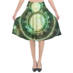 Green Chaos Clock, Steampunk Alchemy Fractal Mandala Flared Midi Skirt by jayaprime