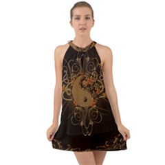 The Sign Ying And Yang With Floral Elements Halter Tie Back Chiffon Dress by FantasyWorld7