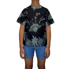 Surfboard With Dolphin, Flowers, Palm And Turtle Kids  Short Sleeve Swimwear by FantasyWorld7