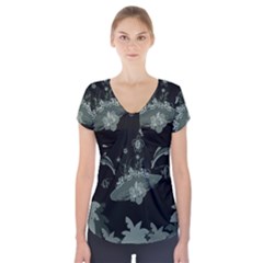 Surfboard With Dolphin, Flowers, Palm And Turtle Short Sleeve Front Detail Top by FantasyWorld7