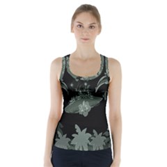 Surfboard With Dolphin, Flowers, Palm And Turtle Racer Back Sports Top by FantasyWorld7