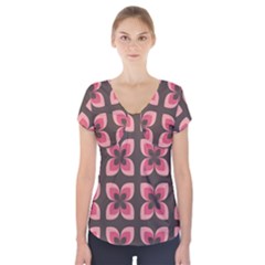 Floral Retro Abstract Flowers Short Sleeve Front Detail Top by Celenk