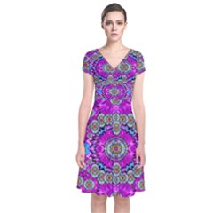 Spring Time In Colors And Decorative Fantasy Bloom Short Sleeve Front Wrap Dress by pepitasart