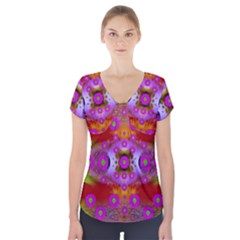Shimmering Pond With Lotus Bloom Short Sleeve Front Detail Top by pepitasart