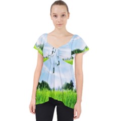 Green Landscape, Green Grass Close Up Blue Sky And White Clouds Lace Front Dolly Top by Sapixe