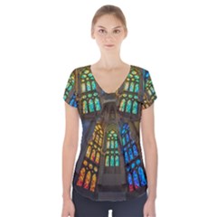 Leopard Barcelona Stained Glass Colorful Glass Short Sleeve Front Detail Top by Sapixe