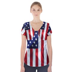 American Usa Flag Vertical Short Sleeve Front Detail Top by FunnyCow