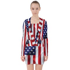 American Usa Flag Vertical V-neck Bodycon Long Sleeve Dress by FunnyCow