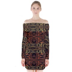 Brown And Gold Aztec Design  Long Sleeve Off Shoulder Dress by flipstylezfashionsLLC