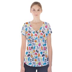 Funny Cute Colorful Cats Pattern Short Sleeve Front Detail Top by EDDArt